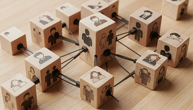 Wooden cube blocks connected with printed hierarchy lines showcasing an organizational chart and corporate management structure on a light surface.