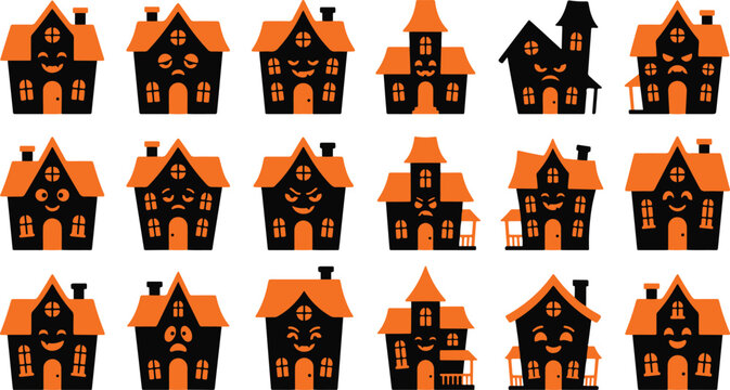 Collection of miniature haunted house decorations for a spooky halloween village display on a white background