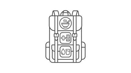 Naklejka premium Emergency survival backpack with food medicine and water icons line art illustration