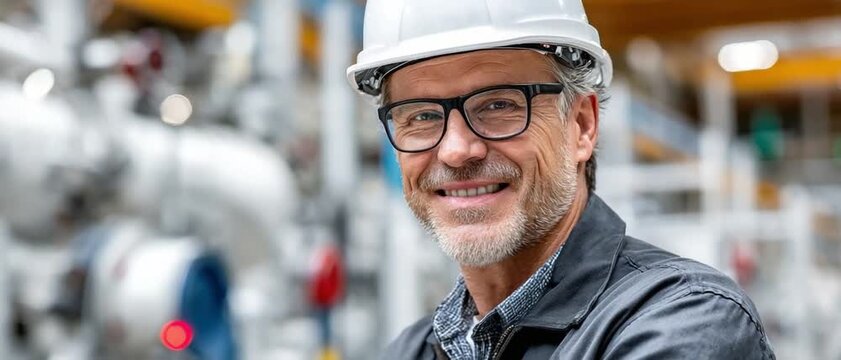 Industrial Engineer at Work: A smiling male engineer wearing a hard hat and glasses poses confidently in an industrial setting, surrounded by machinery and pipes.