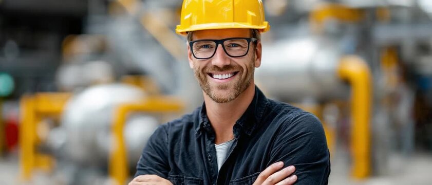 Industrial Engineer: A smiling engineer wearing a hard hat and glasses stands confidently in front of industrial machinery, representing skill and dedication in the manufacturing sector.