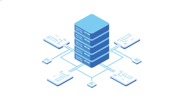 Powerful server rack connects to multiple client hardware devices via digital lines in an isometric data center visualization.
