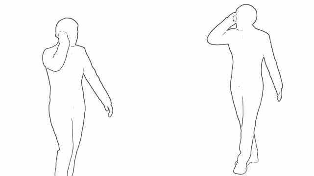 Two Businessmen Walking and Talking on Mobile Phones Outline Line Art Animation Isolated on White Background