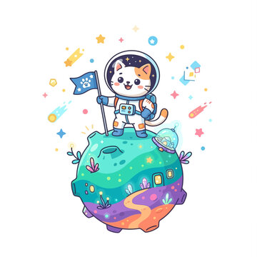 Cute Cartoon Astronaut Cat Holding a Flag Standing on a Colorful Magical Planet with Space Elements
