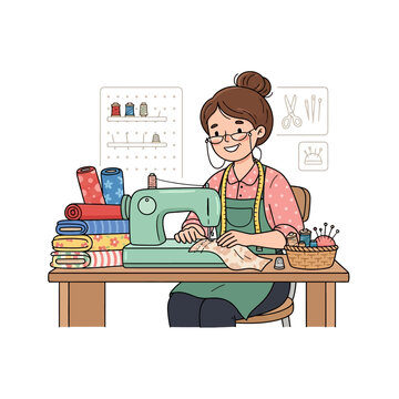 Joyful woman immersed in her sewing hobby, skillfully crafting unique textile creations with a sewing machine, surrounded by colorful fabrics and threads