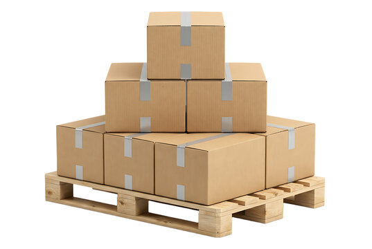 Cardboard boxes stacked on wooden pallet ready for shipping and delivery isolated on transparent background professional warehouse logistics and supply chain packaging solution.