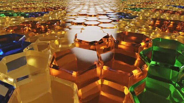 Abstract Geometric Hexagonal Tile Design with Colors, Reflection, and Light Forming a Path or Stream