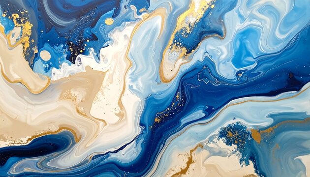 An abstract, fluid art piece featuring swirling blues, white, beige, and gold, reminiscent of ocean currents and luxurious materials