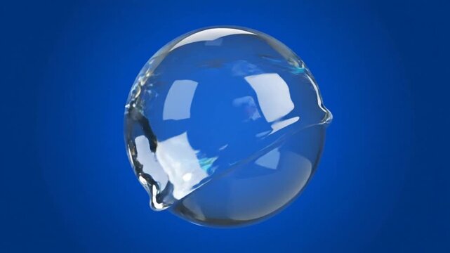 Abstract 3D animation of water droplet orb with surface tension on blue background