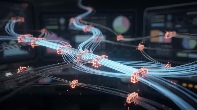 Medium shot of a fiber optic network scanning system displaying highlighted fault lines and automated rerouting animation with the active repair path vividly in focus and dashboard