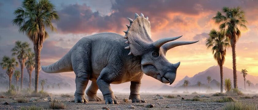 Triceratops in Prehistoric Landscape: A majestic Triceratops dinosaur stands proudly amidst a prehistoric landscape, with palm trees and mountains silhouetted against a dramatic sunset sky.
