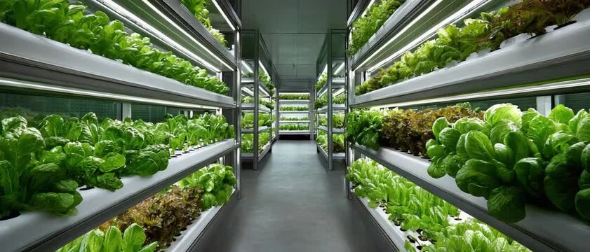 Vertical Farm Bounty: Rows upon rows of vibrant, leafy greens thrive under artificial lights in a meticulously organized vertical farm, showcasing innovative agriculture.
