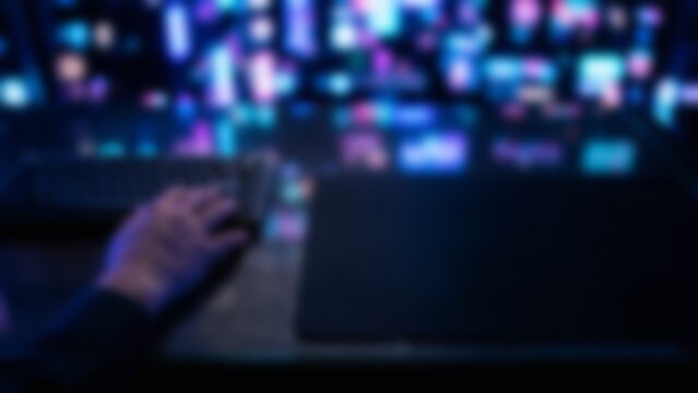 Dark Futuristic Neon AI Workplace Desk Setup for Technology Blog