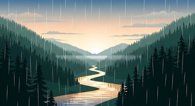 Serene mountain river valley at sunrise with dense forest.