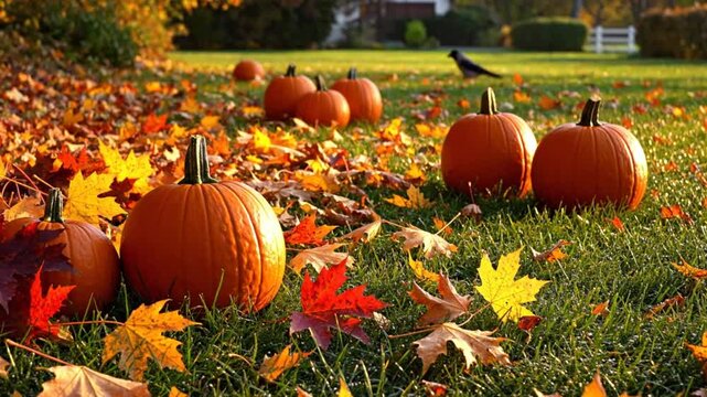 Bright autumn scene with pumpkins resting on green grass and colorful fallen leaves during a sunny fall day.
