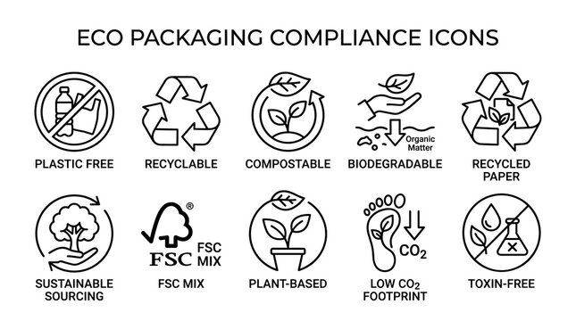 Eco packaging compliance icons vector line art set with top title and 10 labeled illustrations featuring plastic free, recycling, compostable, FSC mix and plant-based symbols