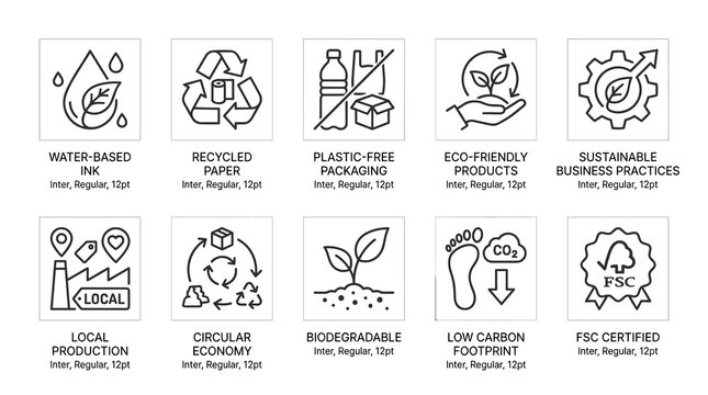 Eco friendly vector line art set with 10 labeled square badge illustrations featuring water-based ink, recycled paper, plastic-free, circular economy and FSC certified symbols