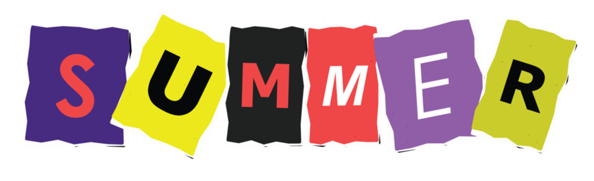 The word summer spelled out using individual letters cut from colorful paper scraps, featuring a ransom note style on a plain white background