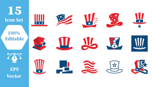 Patriotic usa uncle sam hat icon set collection with patriotic, independence
