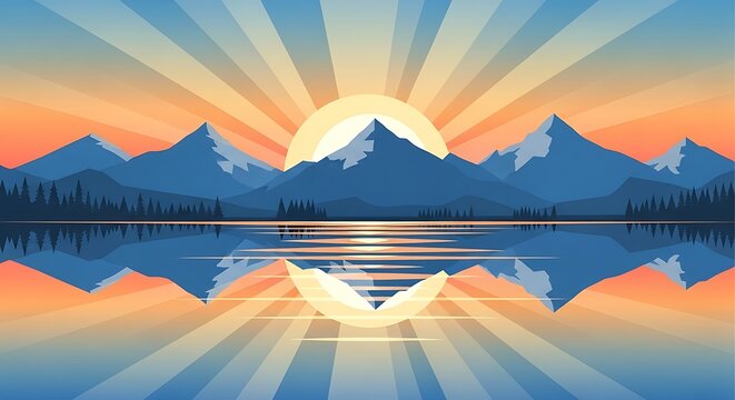 Majestic mountain range at sunrise with lake reflection.