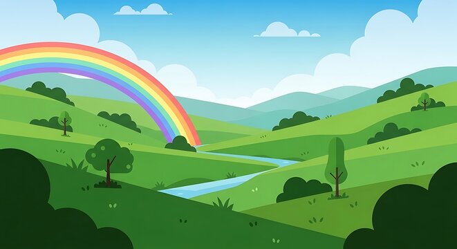 Vibrant rainbow over lush green countryside landscape.