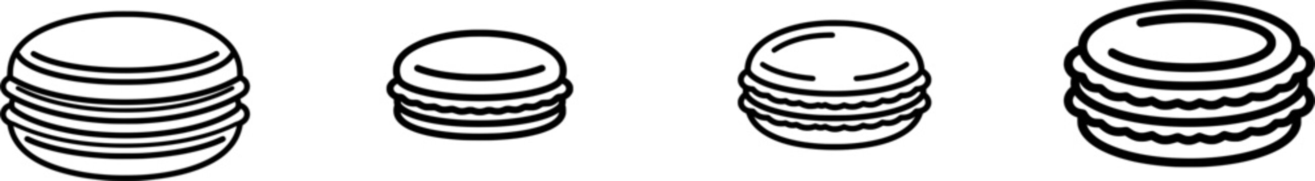 A minimalist black outline icon of a colorful French macaron, stacked in uniform lines against a pure white background, exudes elegance and simplicity with its clean design