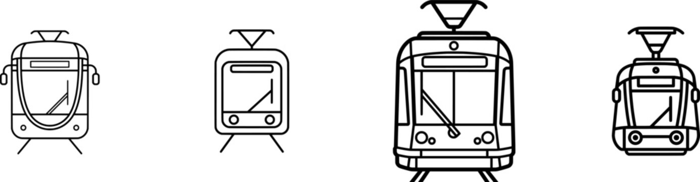 A sleek black outline icon of a single generic light rail tram car in front view, isolated on pure white background with minimalistic flat vector style