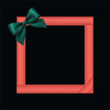 Square red decorative frame with green silk bow isolated on black decoration isolated template ornament celebration background centered luxurious