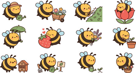Obraz premium Cute Honey Bee Garden Cartoon Character Set with Funny Insect Activities, Strawberry, Watering Can, Flowerpot, and Wheelbarrow Sticker Designs