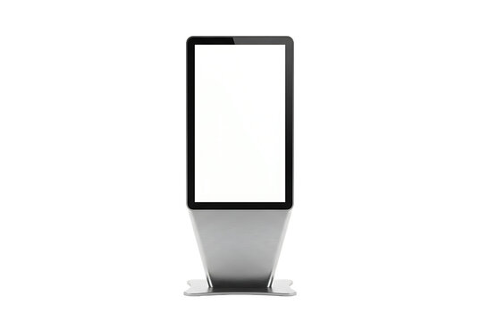 Digital advertising kiosk mockup, modern information screen stand, touch screen display for marketing or wayfinding on transparent background, interactive terminal for business.