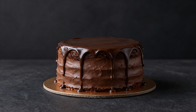 A decadent chocolate layer cake topped with fresh raspberries sits against a dark background, created with generative AI.
