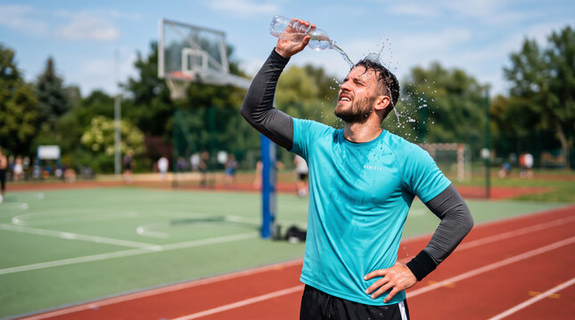 Man pouring water on head during summer heat wave cooling off on a sunny day