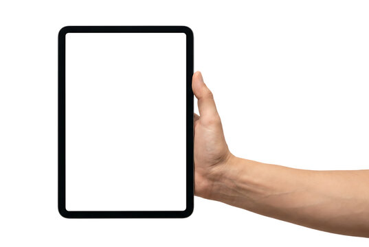 Person's hand holding black tablet device with bright white blank screen against checkered transparent background for showcasing application design.
