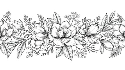 Vintage magnolia floral seamless border vector, hand drawn botanical line art illustration, elegant black and white flower frame for wedding stationery © chouadhrynuman