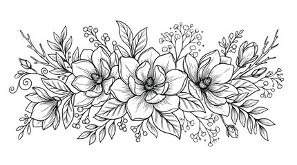 Vintage magnolia flower line art bouquet, hand drawn floral arrangement vector, elegant black and white botanical illustration for wedding invitations © chouadhrynuman