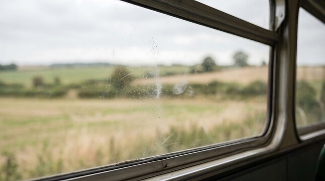 Dusty bus window with blurred rural landscape