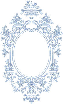 Retro blue royal lace ornament oval frame border with intricate floral line art