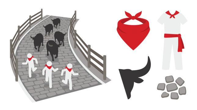 Running of the Bulls festival with traditional attire and bull.