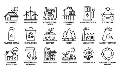 Fototapeta premium Minimal Eco Energy and Sustainability Outline Icon Collection Vector