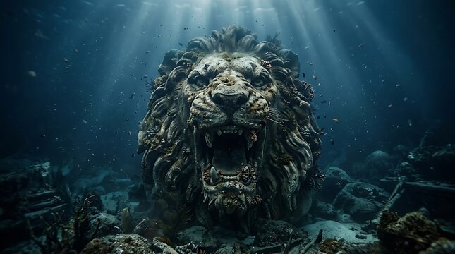Surreal underwater lion head made of seashells for a spooky and artistic happy halloween holiday concept