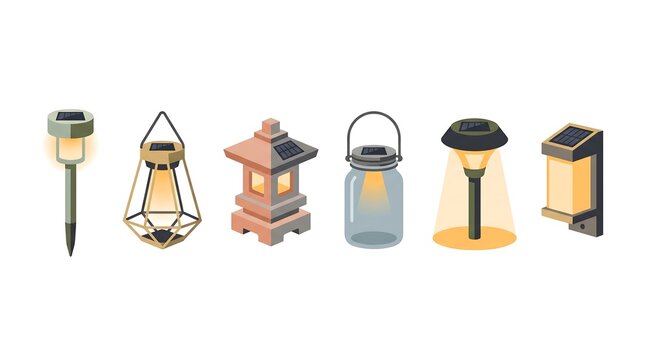 Solar garden lights flat vector icon set