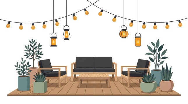 Sustainable backyard patio with solar lights flat vector illustration