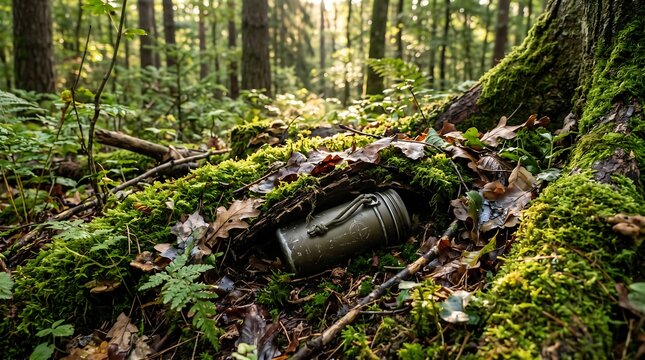 Metal geocache container camouflaged in mossy forest floor debris with container