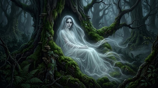 A ghostly woman in a white dress sitting in a dark forest for a happy halloween theme