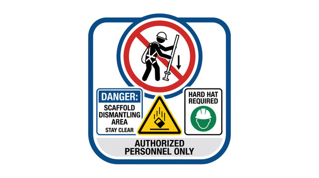 Industrial Safety Sign for Scaffold Dismantling Area with Falling Objects Warning and Mandatory Hard Hat