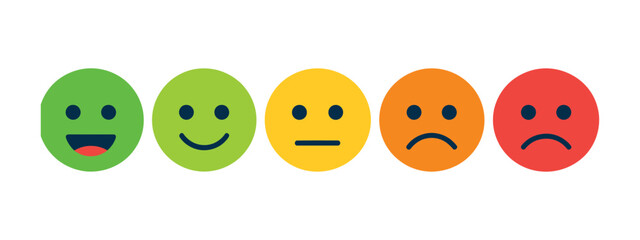 Fototapeta premium Feedback Emoticon, customer review rating scale with happy, good, medium, sad, and angry faces, green, yellow, orange, and red flat style vector icon set, isolated on white and transparent background.