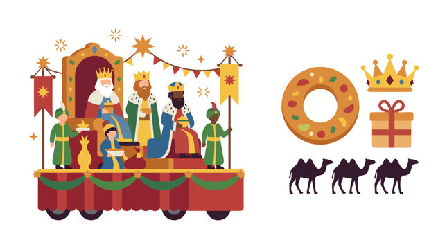 Three Kings Day parade float cabalgata reyes parade, rosc&oacute;n cake ring, king crown gold, gift box wrapped, camel silhouette three.