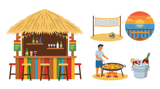 Beach fiesta elements set with chiringuito beach bar, paella beach cook, sangria bucket ice, volleyball net sand, sunset terraza view.