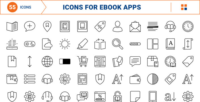 Reading mode interface line icon set. Vector pictograms of ebook, app, digital, and reader elements, thin linear illustration.