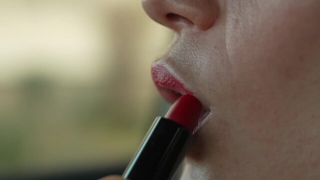 Lipstick makeup beauty woman applying vibrant red lipstick to her lips in an extreme close up for a sophisticated and elegant appearance